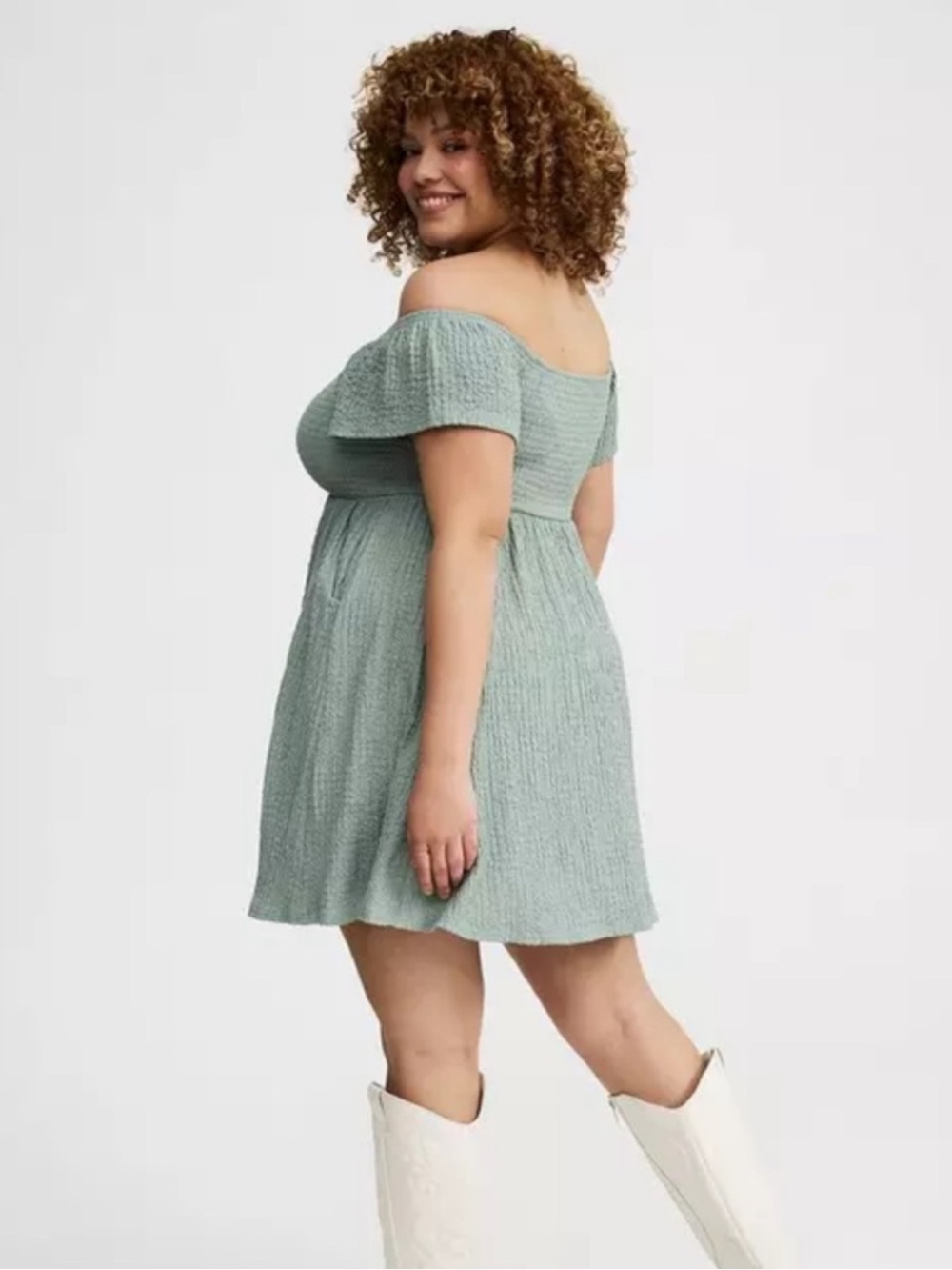 Torrid Sage Green Smocked Skater Off Shoulder Mini Dress Western Rodeo Size 1 1X